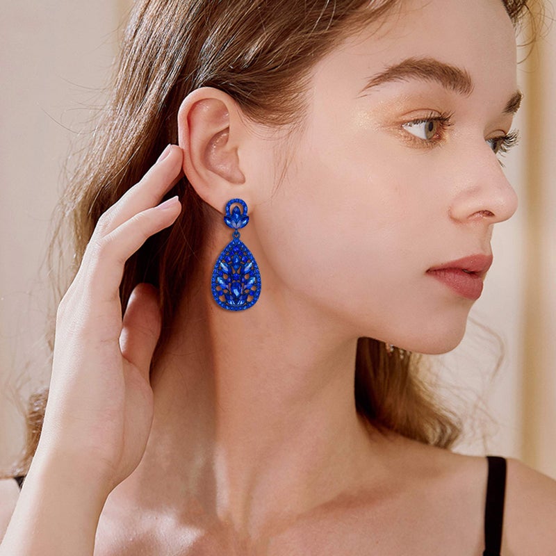 EleQueen Women's Wedding Bridal Austrian Crystal Bohemia Teardrop Chandelier Dangle Earrings Royal Blue Color Blue-Tone - Image 2
